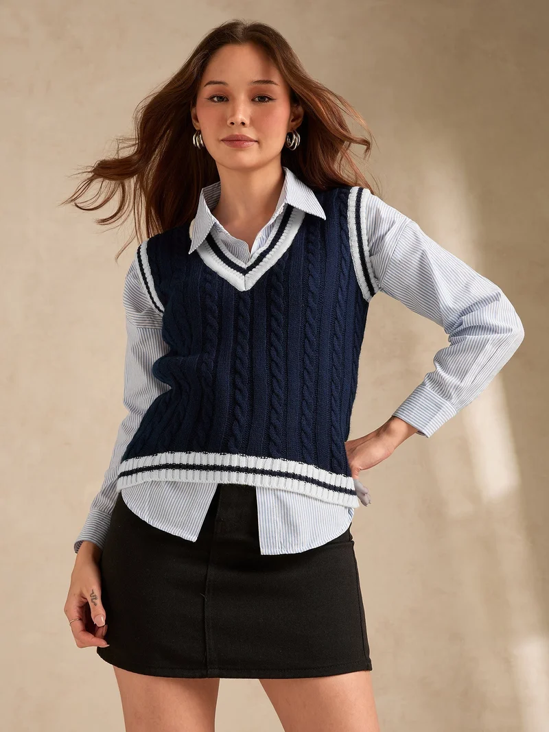 Outzidr Navy Blue Varsity Contrast Tipping Sweater